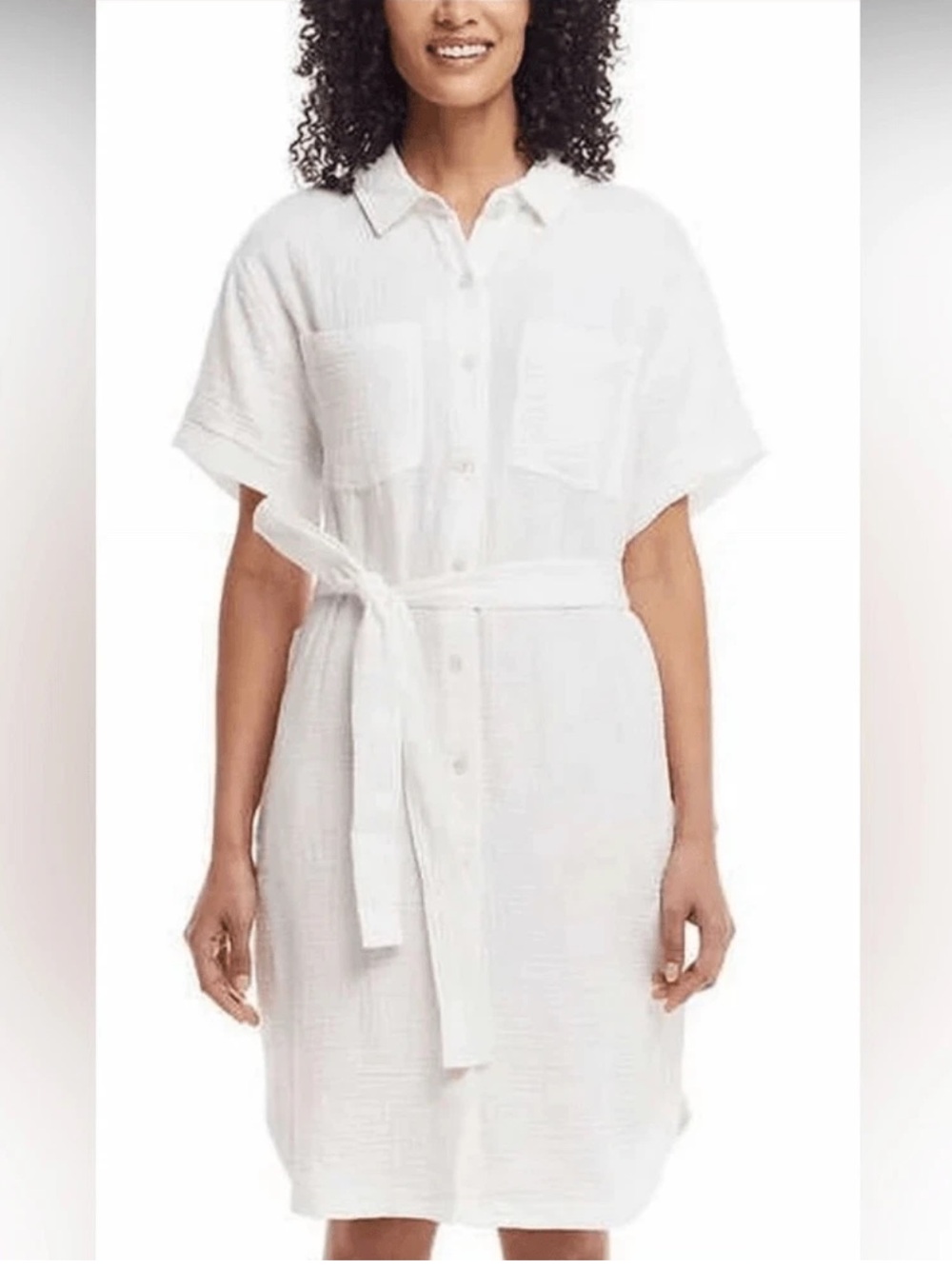 Weatherproof Vintage Women Dress Belted Gauzy Cotton White  Short Sleeves Size M